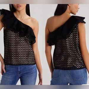 J. Crew NWT One Shoulder Black Eyelet Nude Lined Blouse Size 6 Cotton